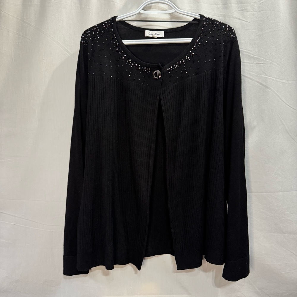 Calvin Klein Black Sparkly Embellished Open Front Long Sleeve Cardigan Sz XL